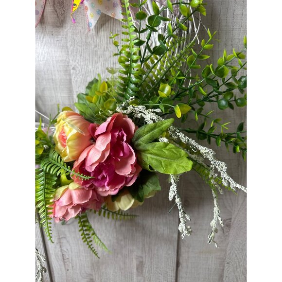 Handmade Floral Grapevine Rustic Wreath Pink Yellow Flowers Ferns w/ Ribbon Bow - Picture 3 of 6
